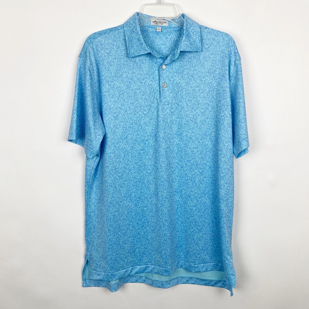 Peter Millar Summer Comfort Graphic Print Golf Polo Shirt Mens M Light Blue